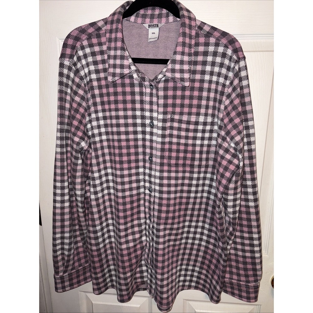 Duluth Trading XXL T-shirt Flannel Shirt Pink Gray Plaid Knit Long Slv Button Up